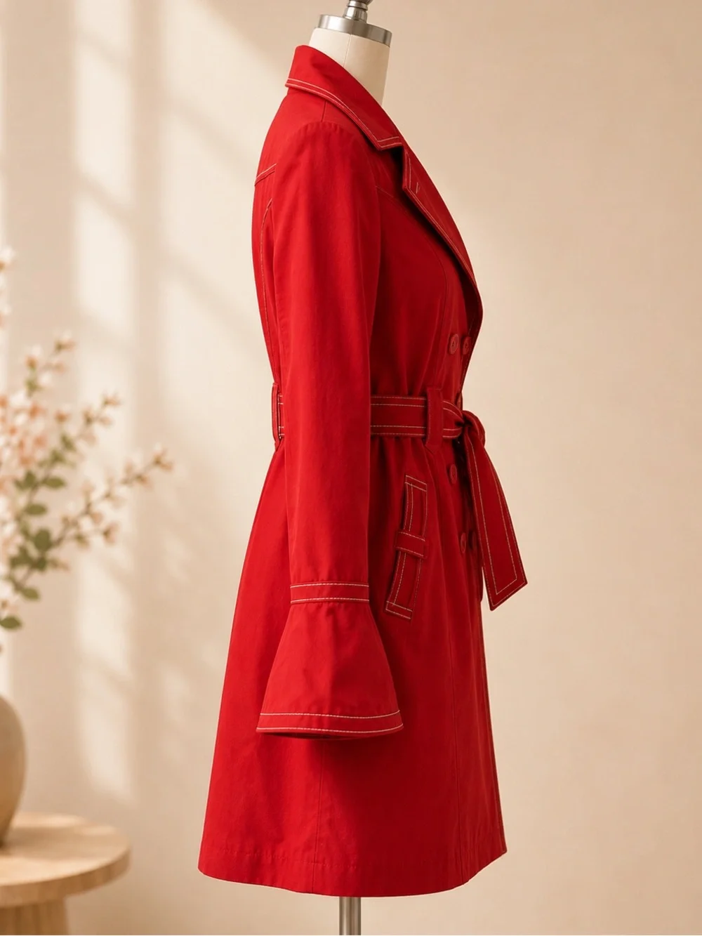 Laundry By Design Red Coat Bell Sleeve Trench Jacket Belted Cotton Fabulous - Picture 4 of 13